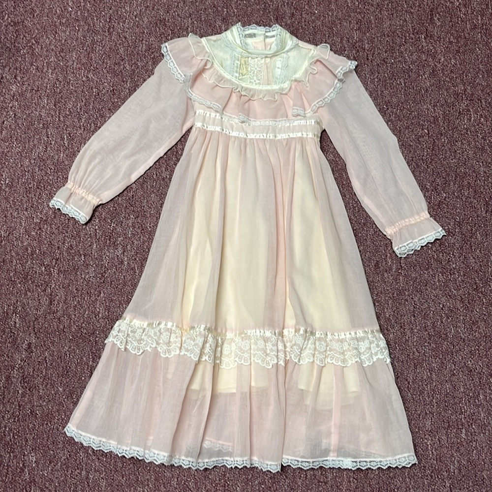 Vintage Original Gunne Sax Pink Lace Trim Dress Maxi Size 5 Prarie Cottagecore